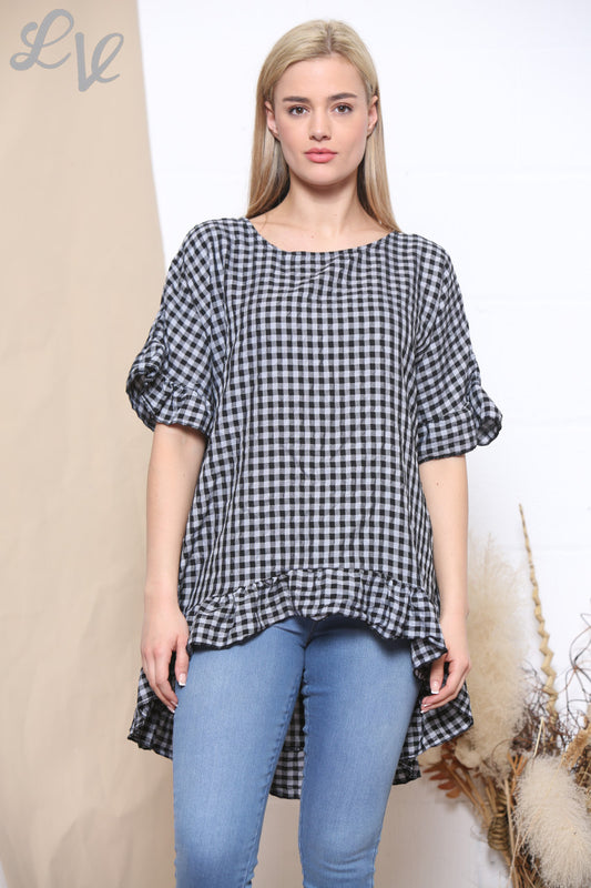 Ladies Gingham Print Frill Hem Top Black
