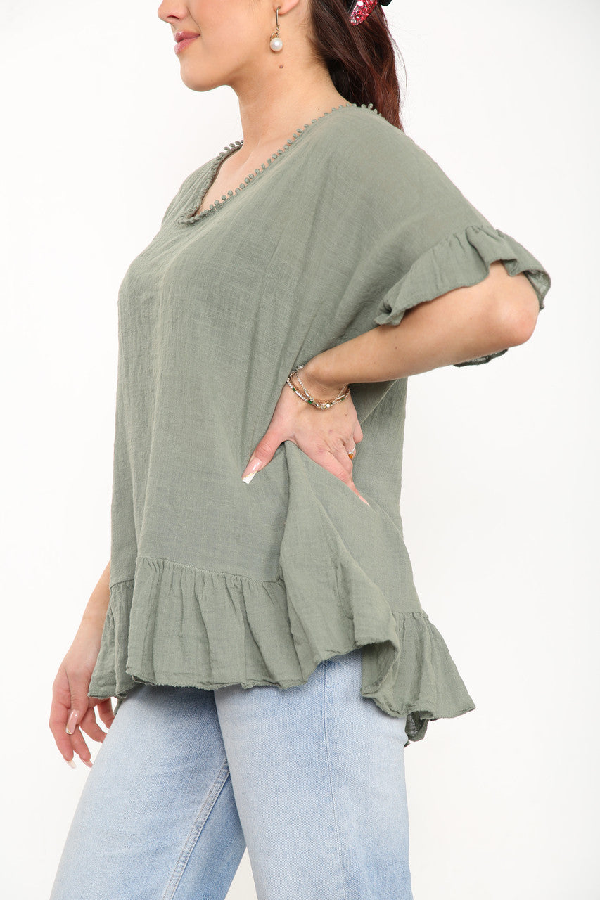 Ladies Plain Top With Frill Hem Khaki
