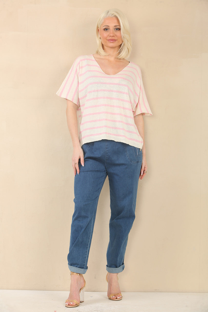 FINE KNIT STRIPE SHORT SLEEVE JUMPER - PINK