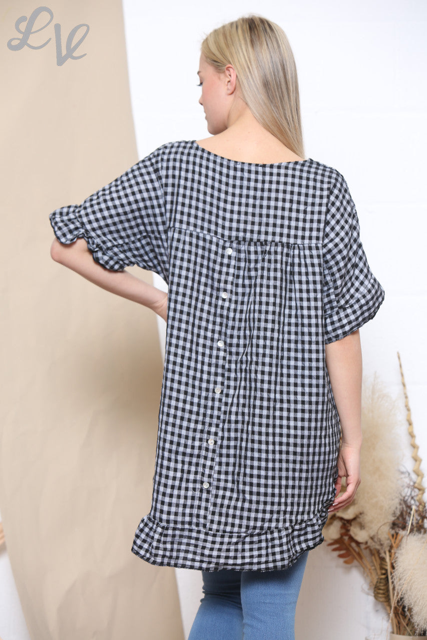 Ladies Gingham Print Frill Hem Top Black