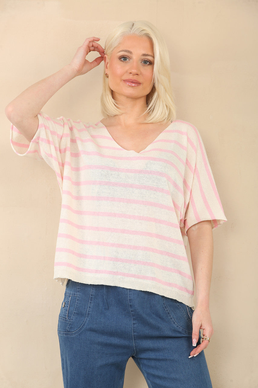 FINE KNIT STRIPE SHORT SLEEVE JUMPER - PINK