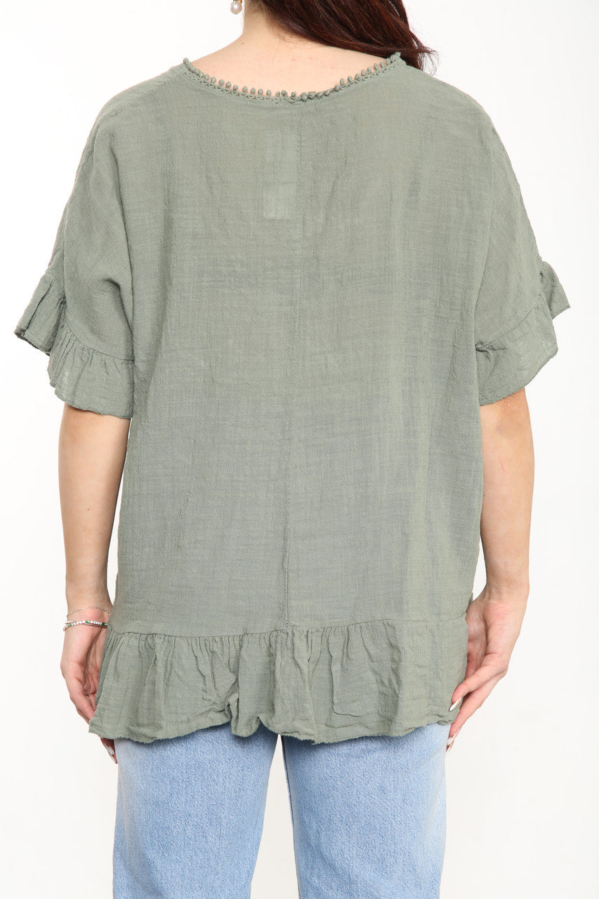 Ladies Plain Top With Frill Hem Khaki