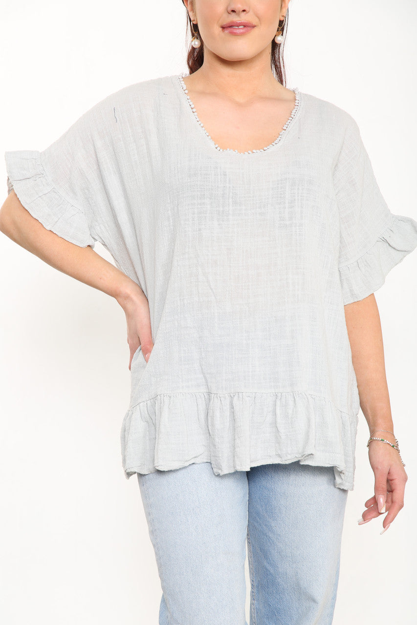 Ladies Plain Top With Frill Hem Silver