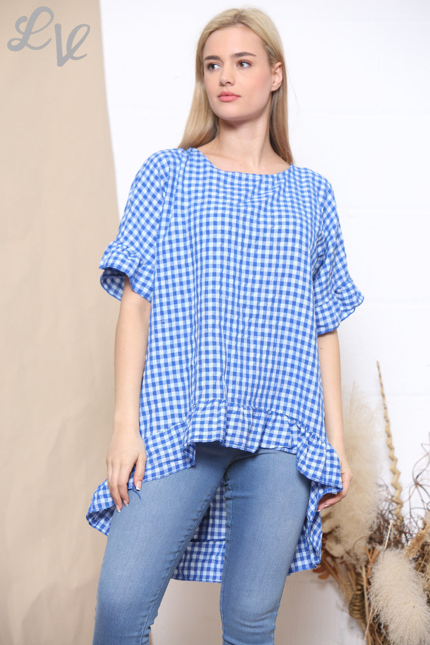 Ladies Gingham Print Frill Hem Top Royal Blue
