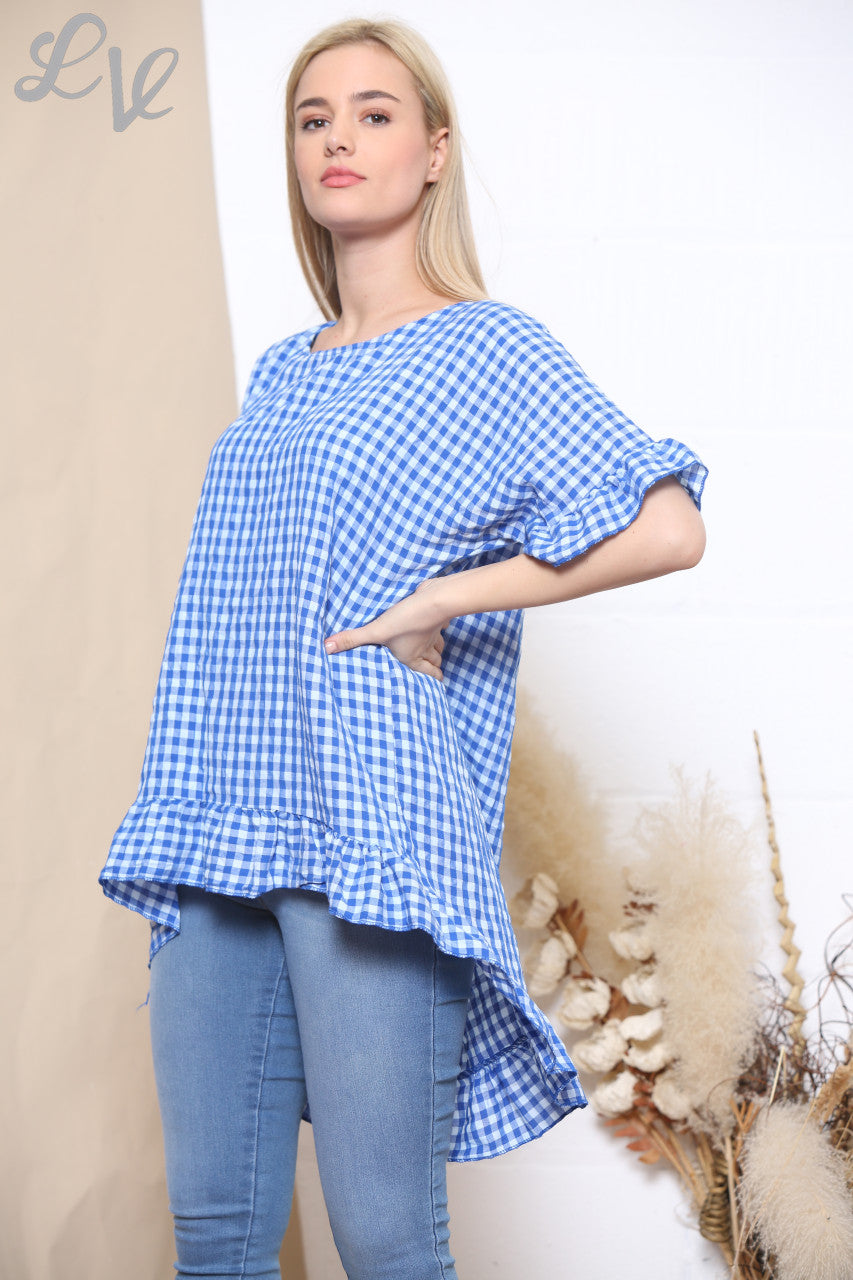 Ladies Gingham Print Frill Hem Top Royal Blue