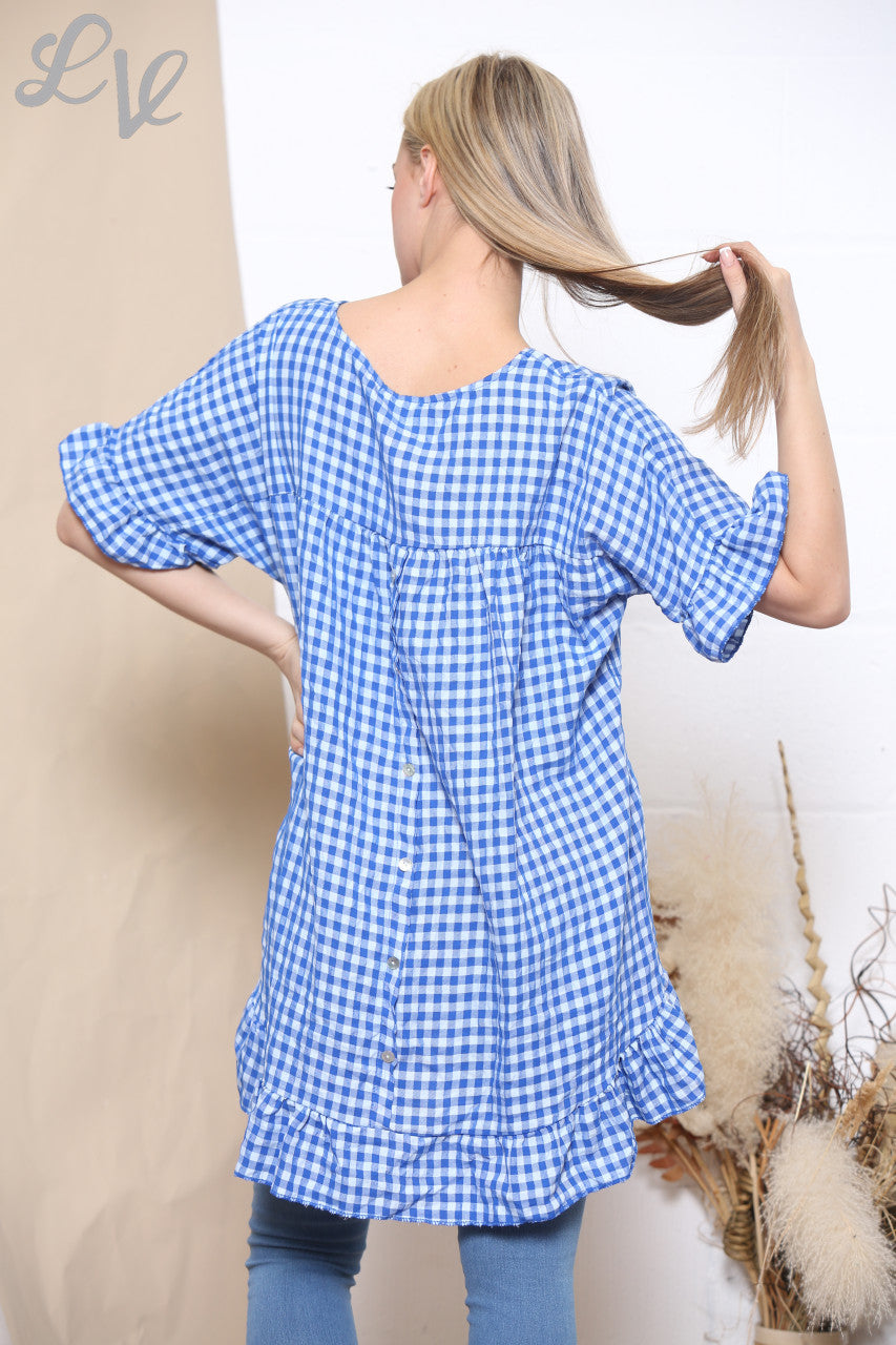 Ladies Gingham Print Frill Hem Top Royal Blue