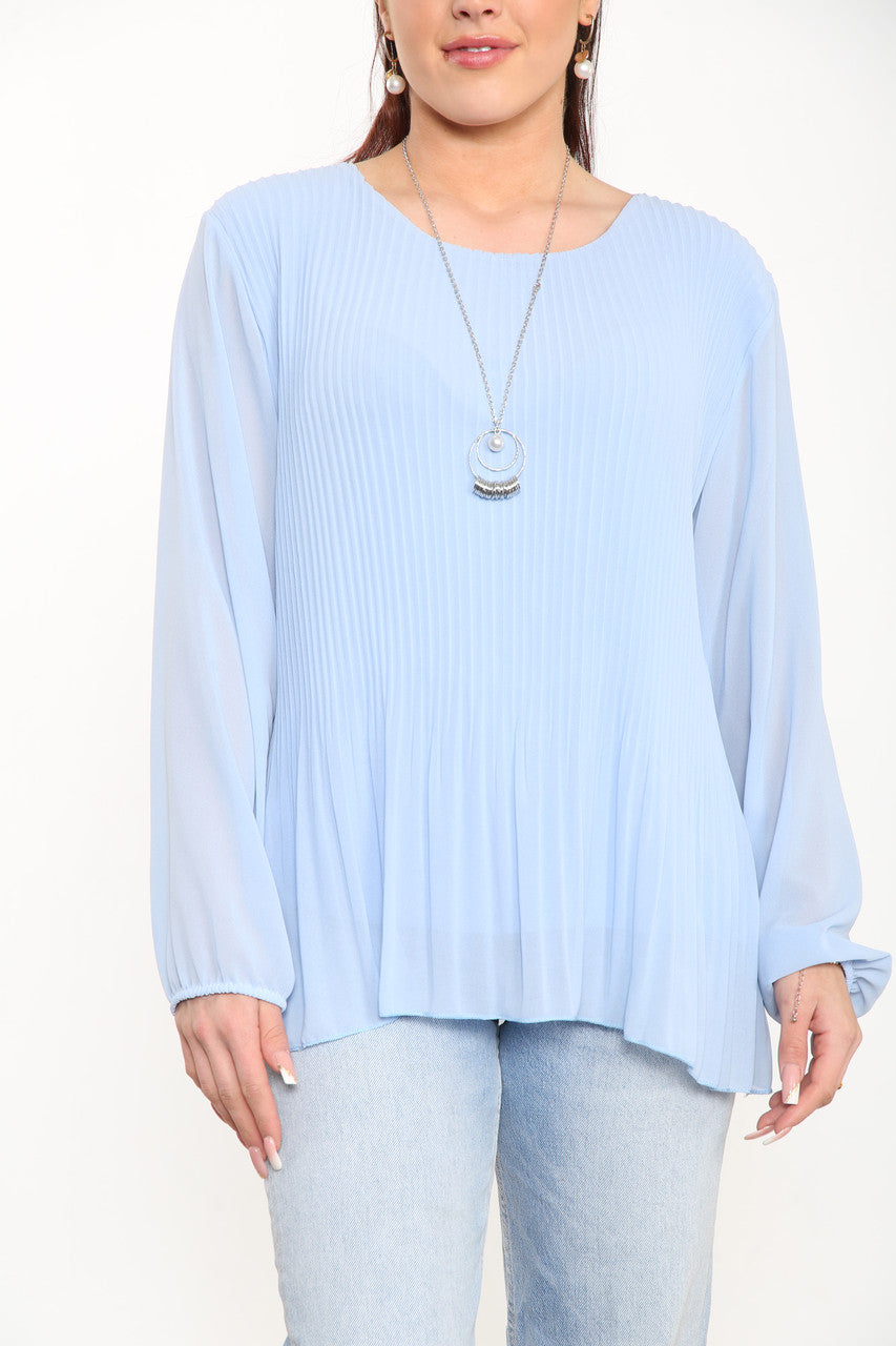 Ladies Plain Pleated Blouse Top Sky Blue