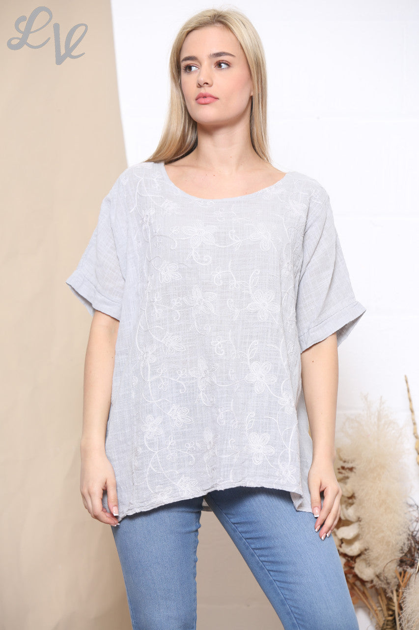 Ladies Embroidered Flower Short Sleeved Top Grey
