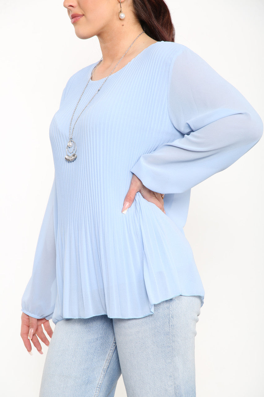 Ladies Plain Pleated Blouse Top Sky Blue