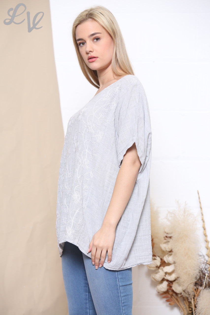Ladies Embroidered Flower Short Sleeved Top Grey