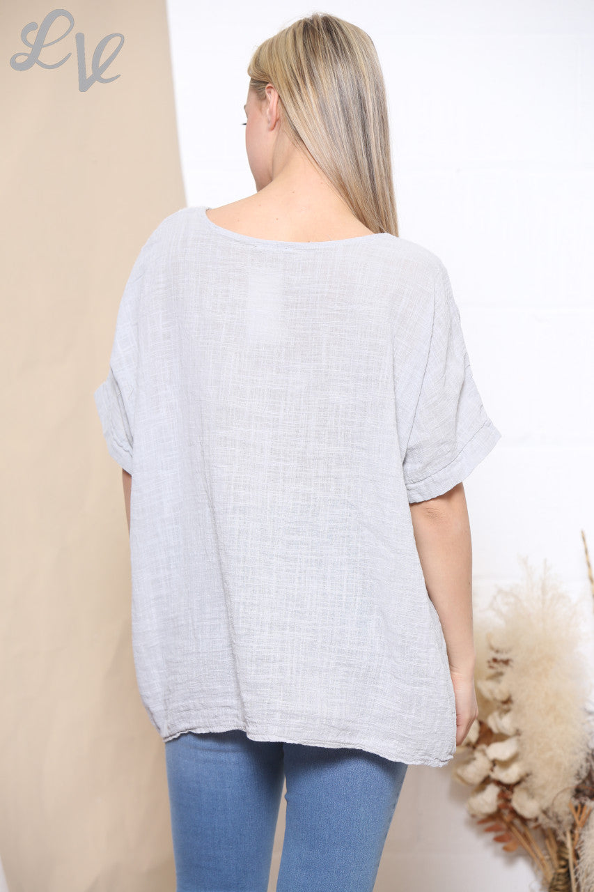 Ladies Embroidered Flower Short Sleeved Top Grey