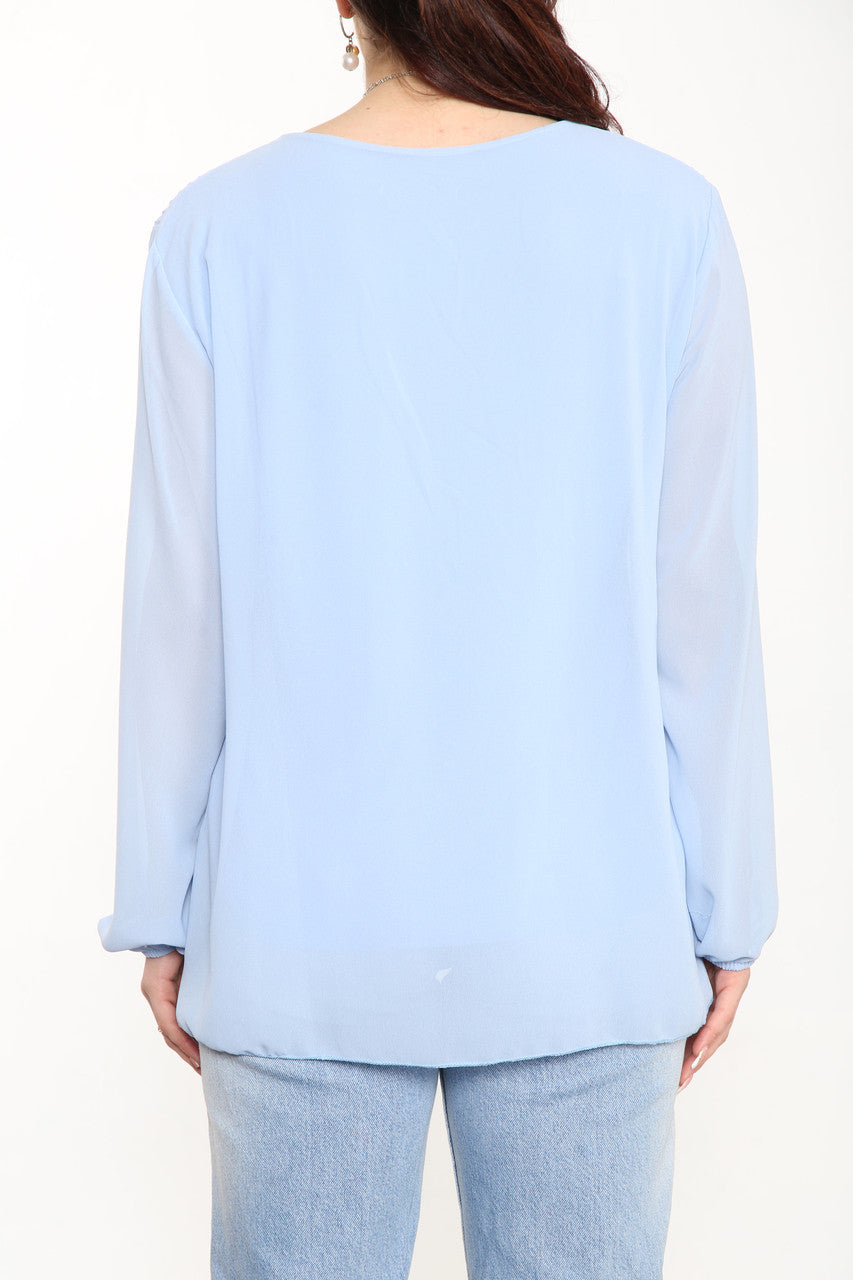 Ladies Plain Pleated Blouse Top Sky Blue