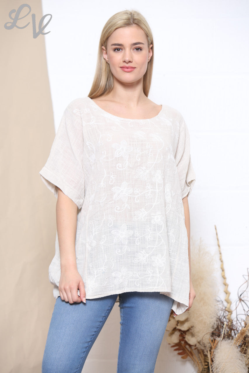 Dames Geborduurde Bloem T-shirt Korte Mouw Steen