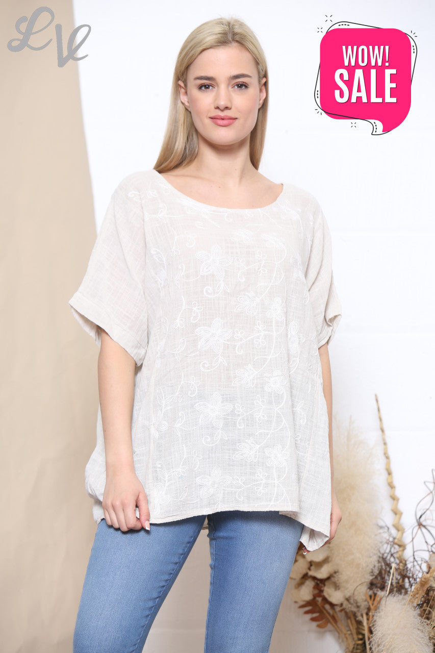 Dames Geborduurde Bloem T-shirt Korte Mouw Steen