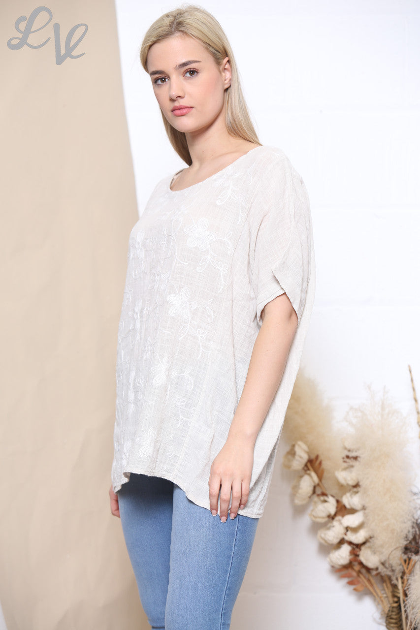 Dames Geborduurde Bloem T-shirt Korte Mouw Steen
