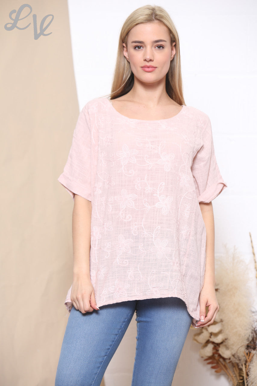 Dames Geborduurd Bloemen T-shirt met Korte Mouwen Oudroze
