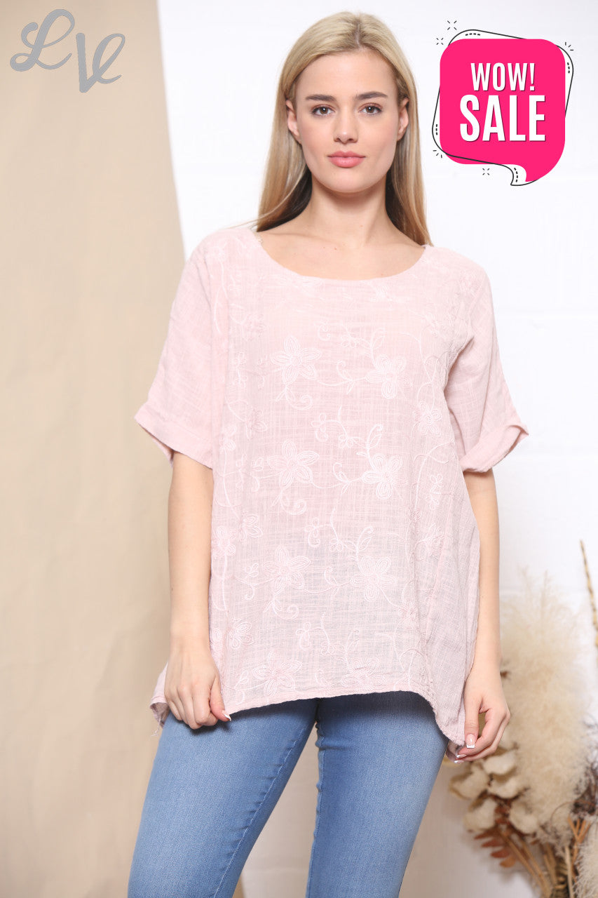 Dames Geborduurd Bloemen T-shirt met Korte Mouwen Oudroze