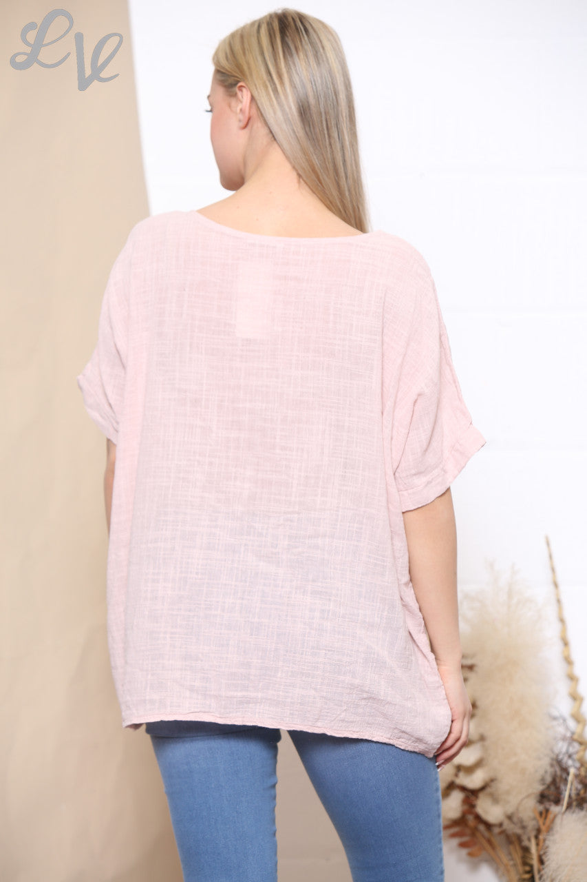 Dames Geborduurd Bloemen T-shirt met Korte Mouwen Oudroze