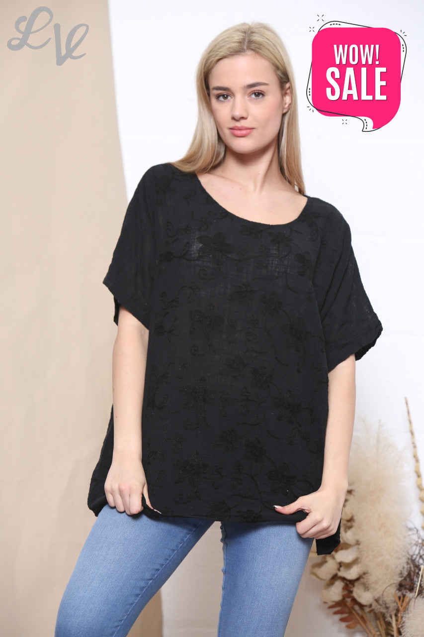 Ladies Embroidered Flower Short Sleeved Top Black