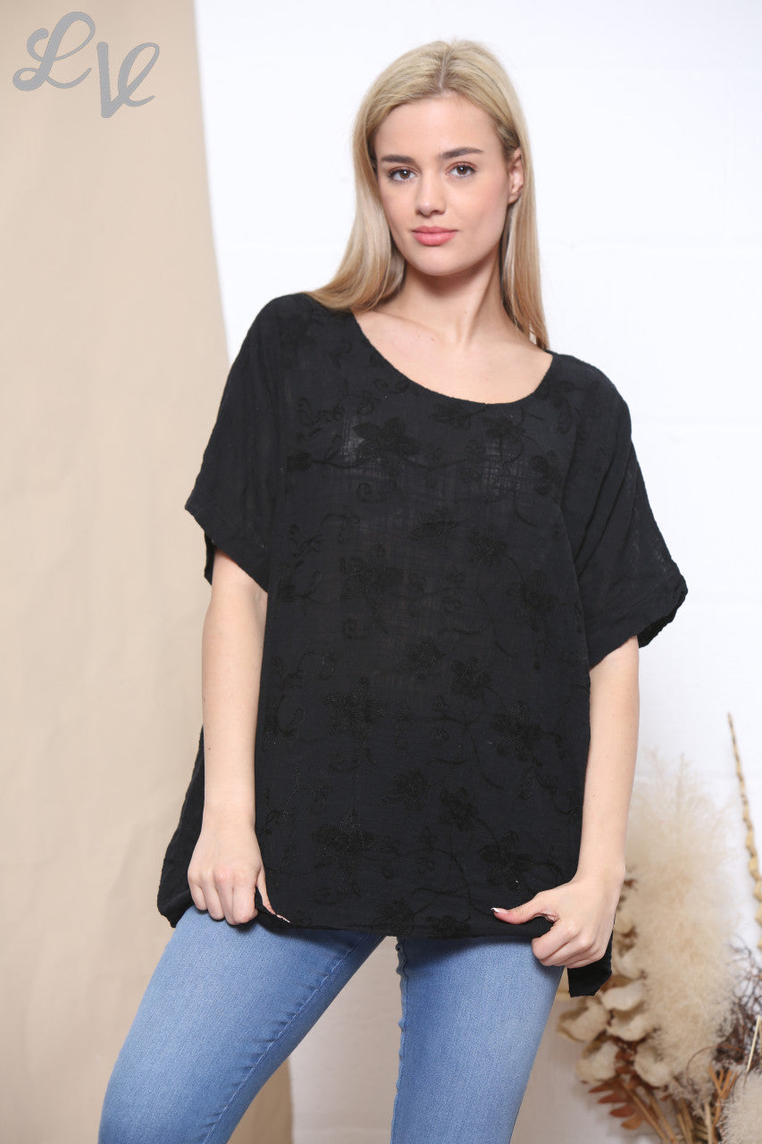 Ladies Embroidered Flower Short Sleeved Top Black
