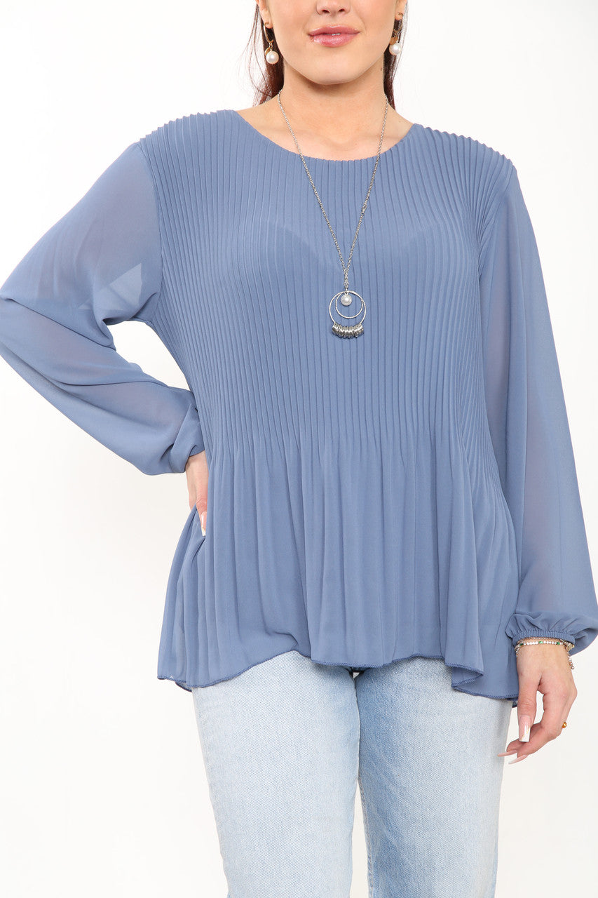 Ladies Plain Pleated Blouse Top Denim
