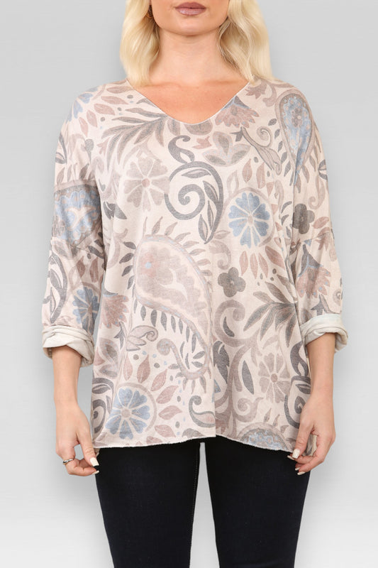 PAISLEY PRINT FINE KNIT JUMPER TOP CREAM