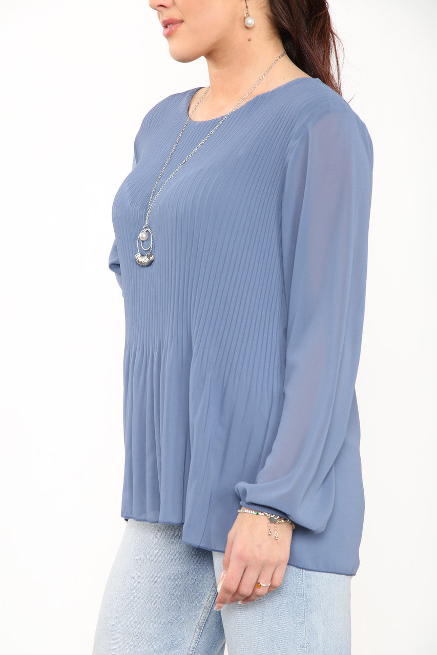 Ladies Plain Pleated Blouse Top Denim