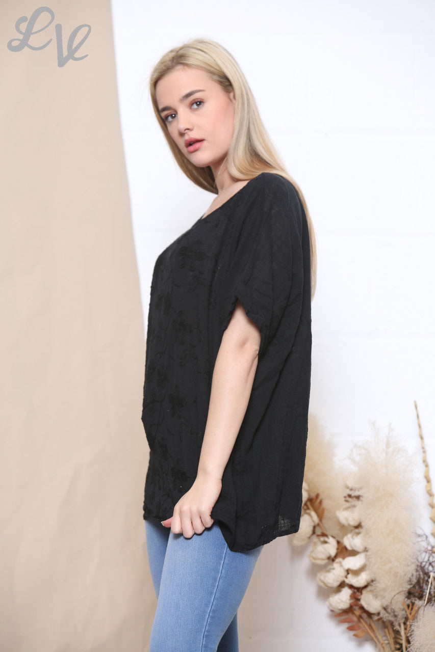 Ladies Embroidered Flower Short Sleeved Top Black