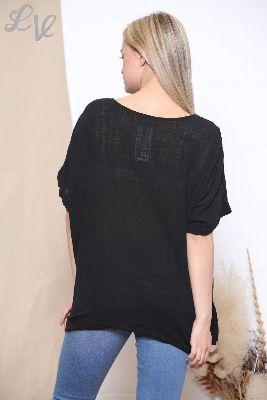 Ladies Embroidered Flower Short Sleeved Top Black