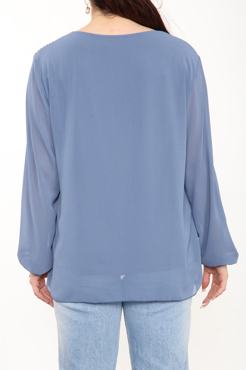 Ladies Plain Pleated Blouse Top Denim