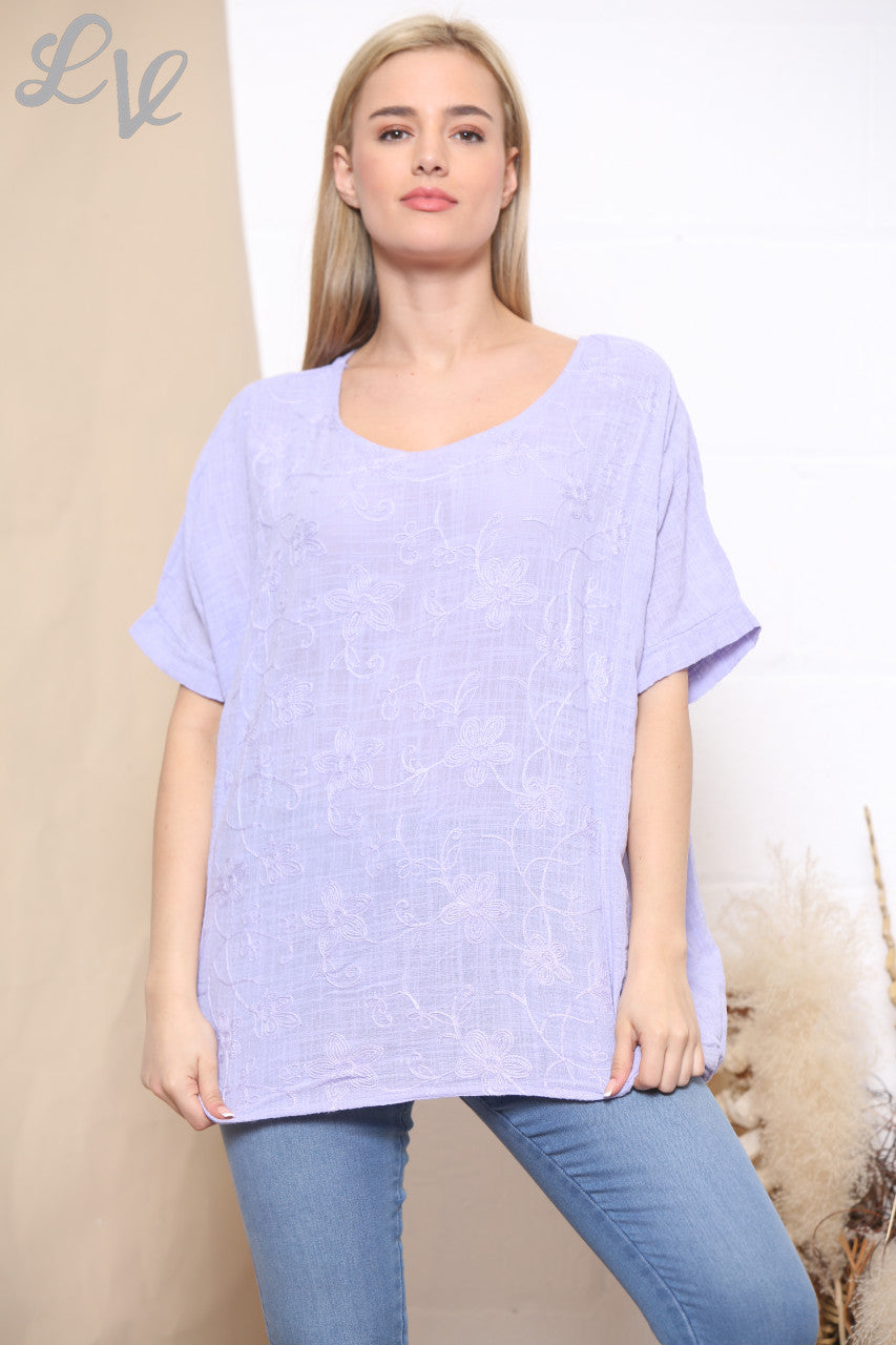 Ladies Embroidered Flower Short Sleeved Top Lilac