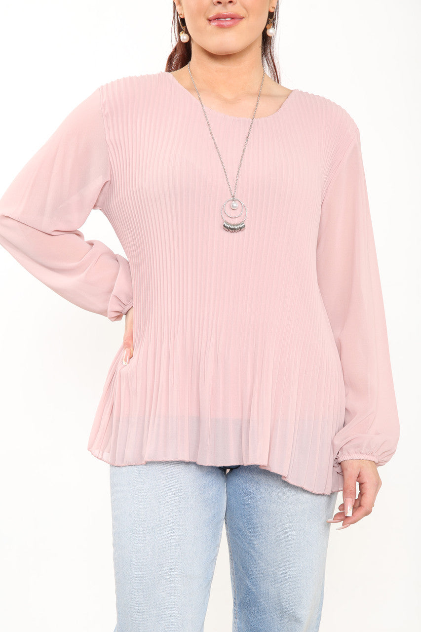 Ladies Plain Pleated Blouse Top Dusty Pink