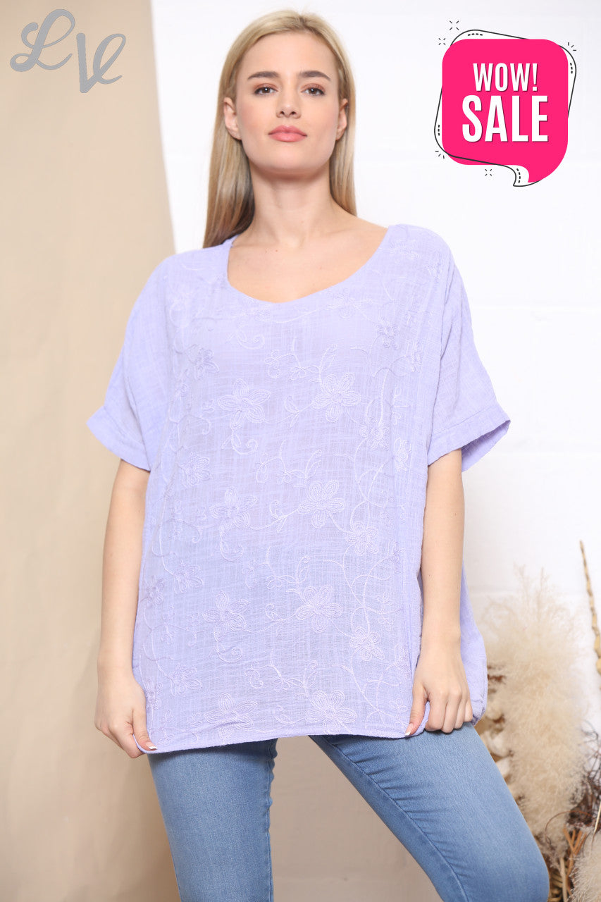 Ladies Embroidered Flower Short Sleeved Top Lilac