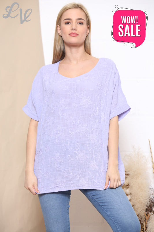 Ladies Embroidered Flower Short Sleeved Top Lilac