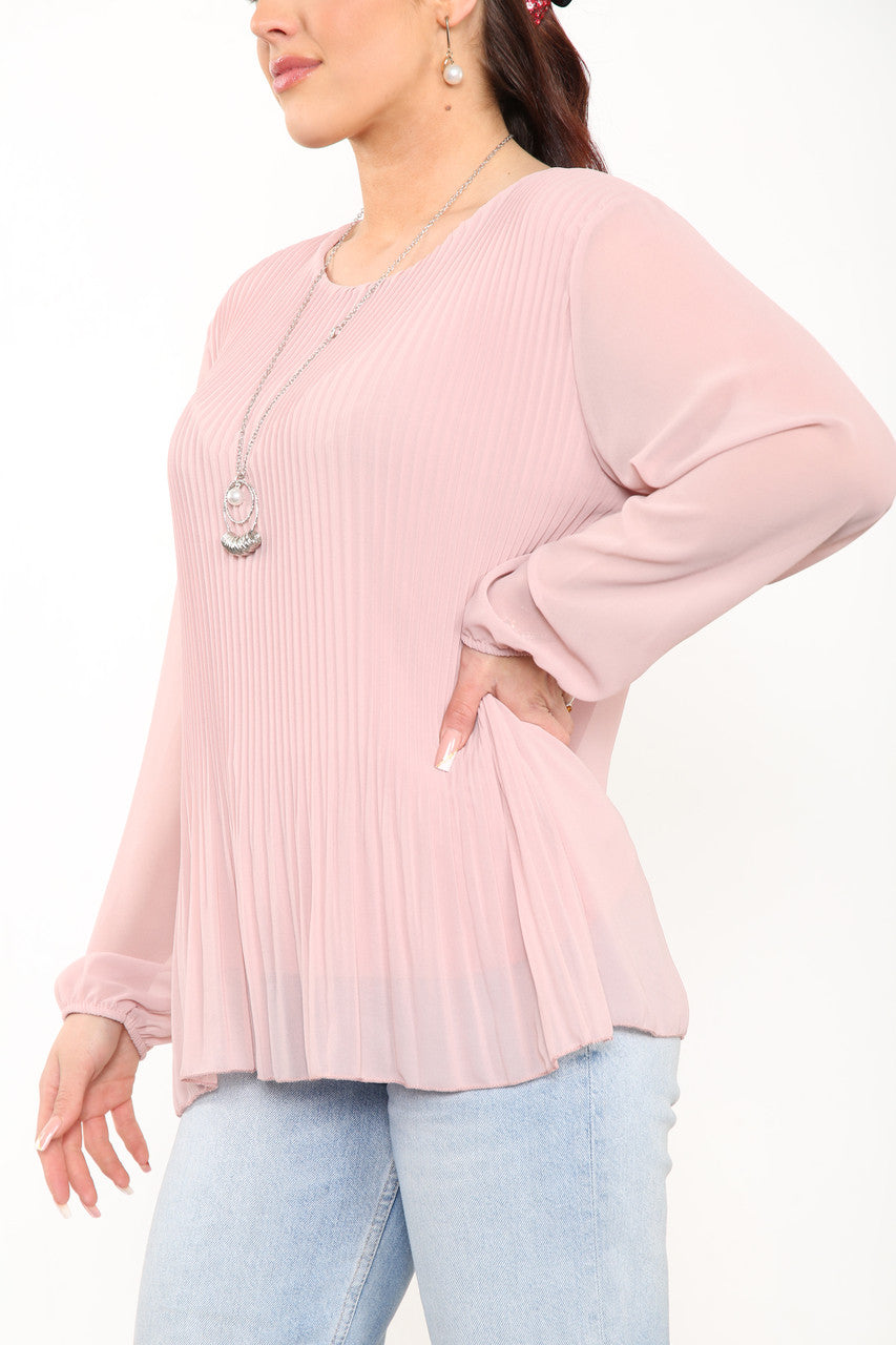 Ladies Plain Pleated Blouse Top Dusty Pink