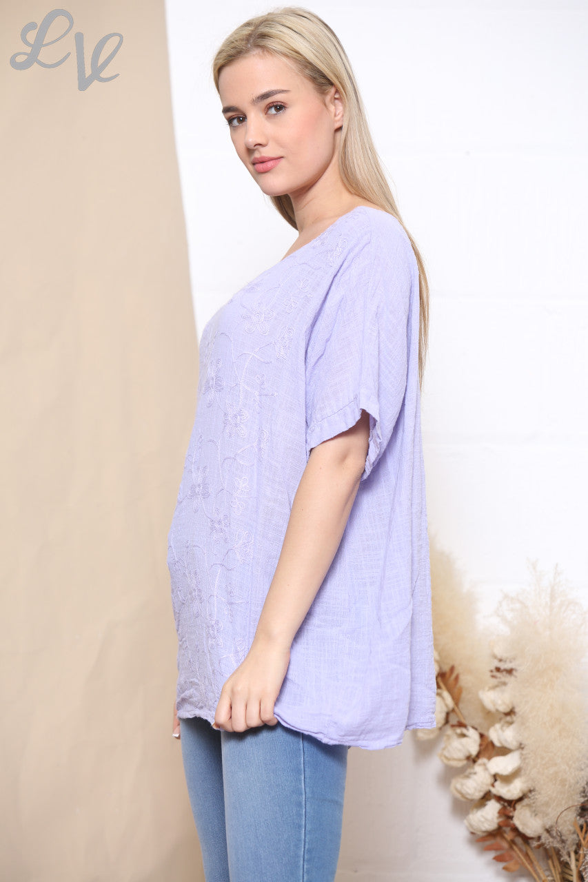 Ladies Embroidered Flower Short Sleeved Top Lilac