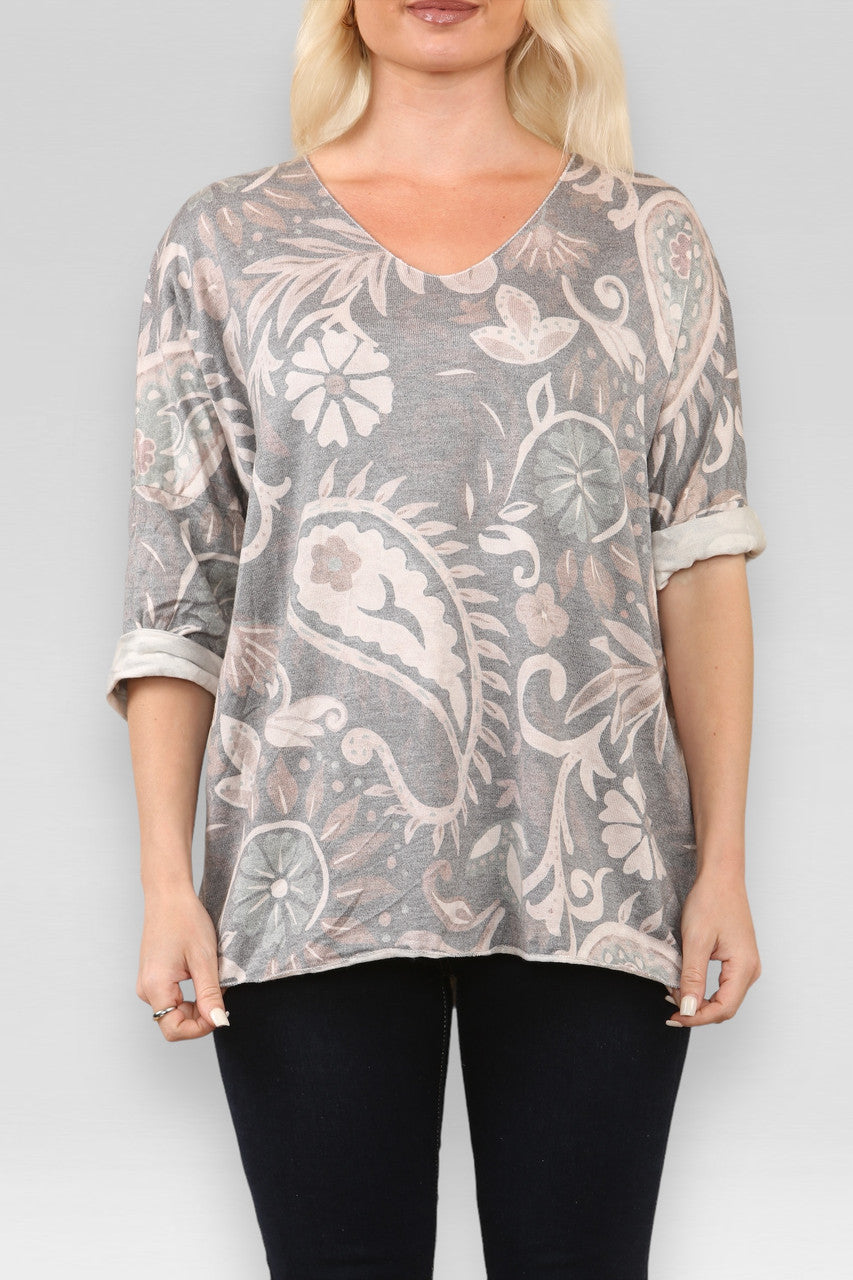 PAISLEY PRINT FIJNGEBREIDE TRUI TOP GRIJS