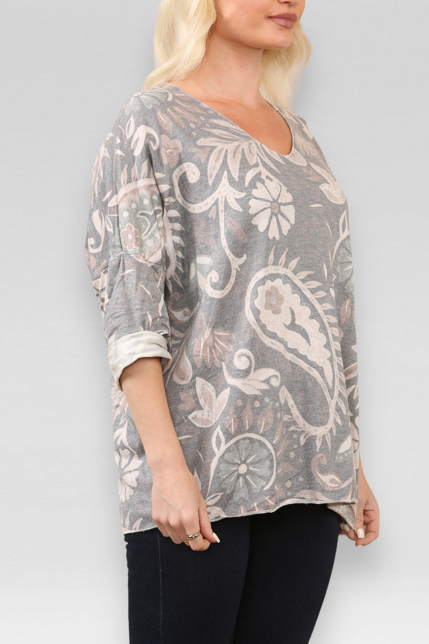 PAISLEY PRINT FIJNGEBREIDE TRUI TOP GRIJS