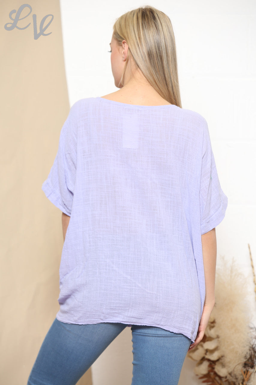 Ladies Embroidered Flower Short Sleeved Top Lilac