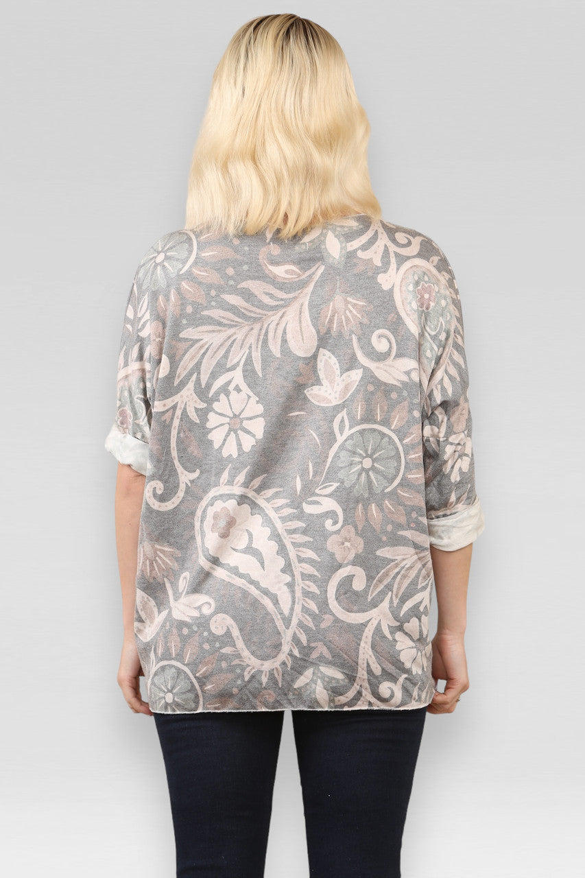 PAISLEY PRINT FIJNGEBREIDE TRUI TOP GRIJS