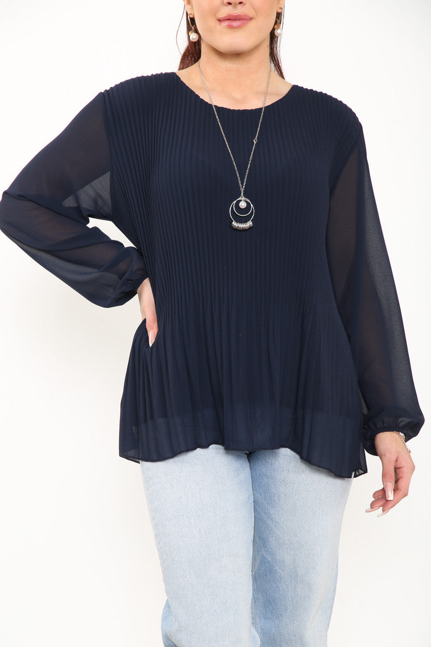 Ladies Plain Pleated Blouse Top Navy
