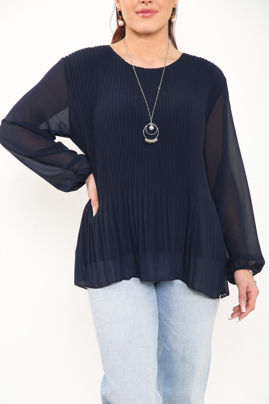 Ladies Plain Pleated Blouse Top Navy