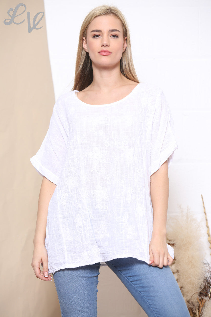 Ladies Embroidered Flower Short Sleeved Top White