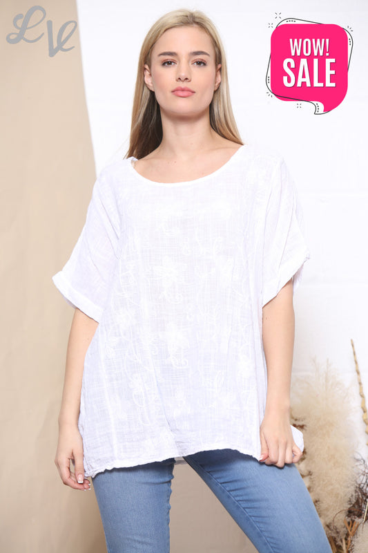 Ladies Embroidered Flower Short Sleeved Top White