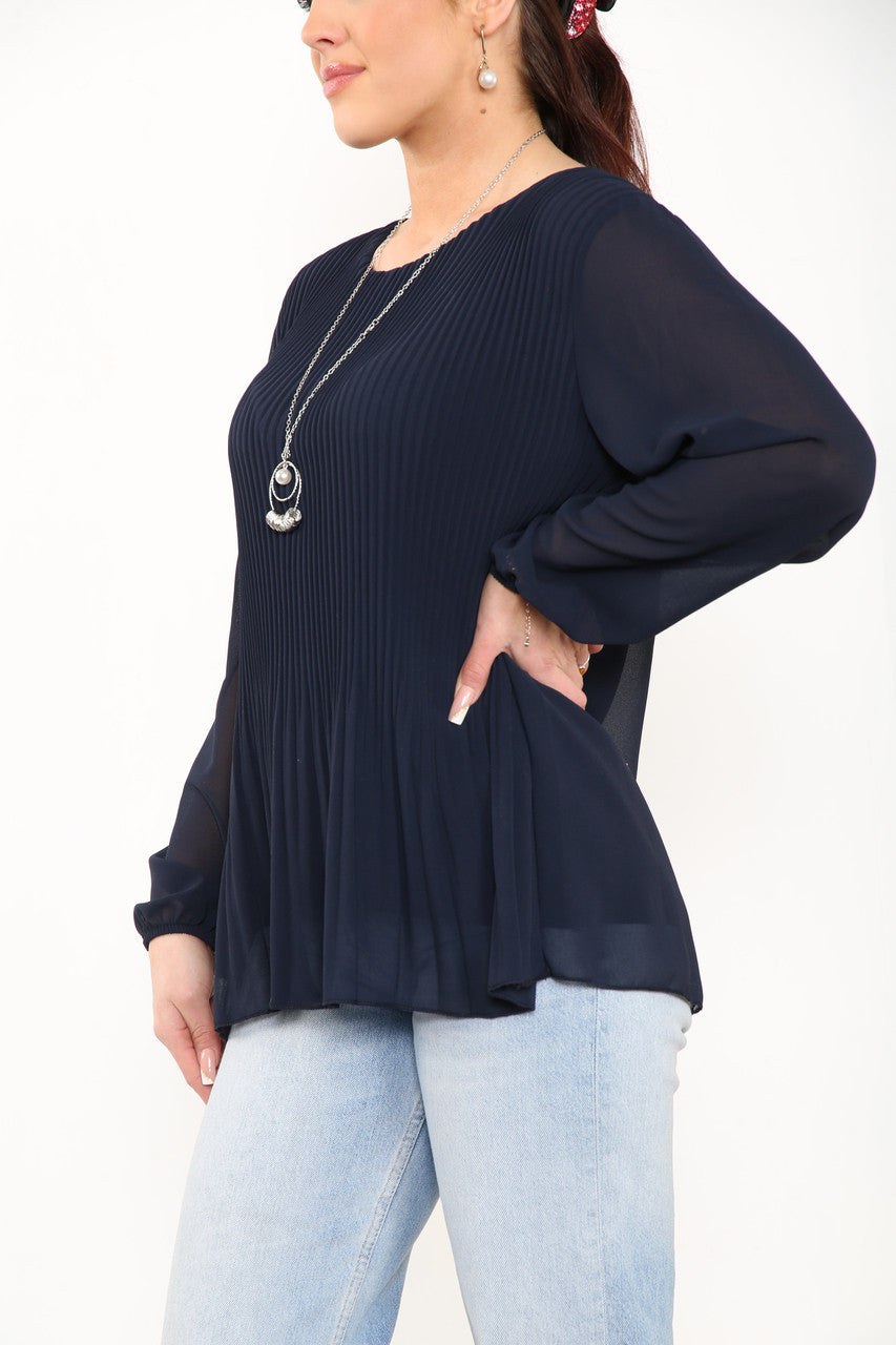 Ladies Plain Pleated Blouse Top Navy