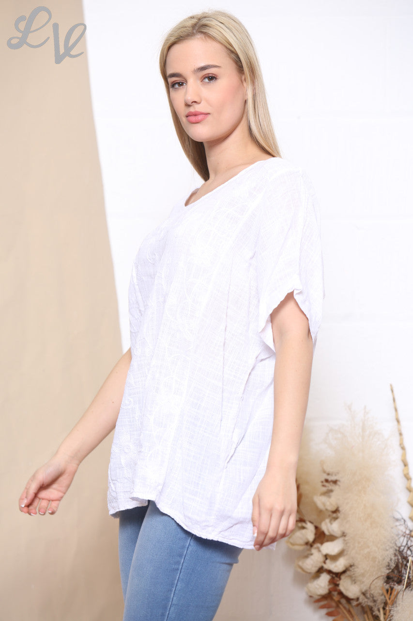 Ladies Embroidered Flower Short Sleeved Top White