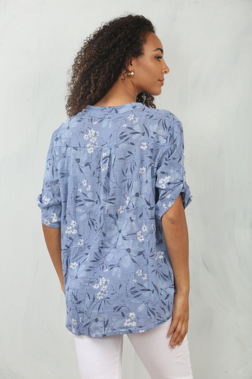 TULIP PRINT GRANDAD SHIRT DENIM