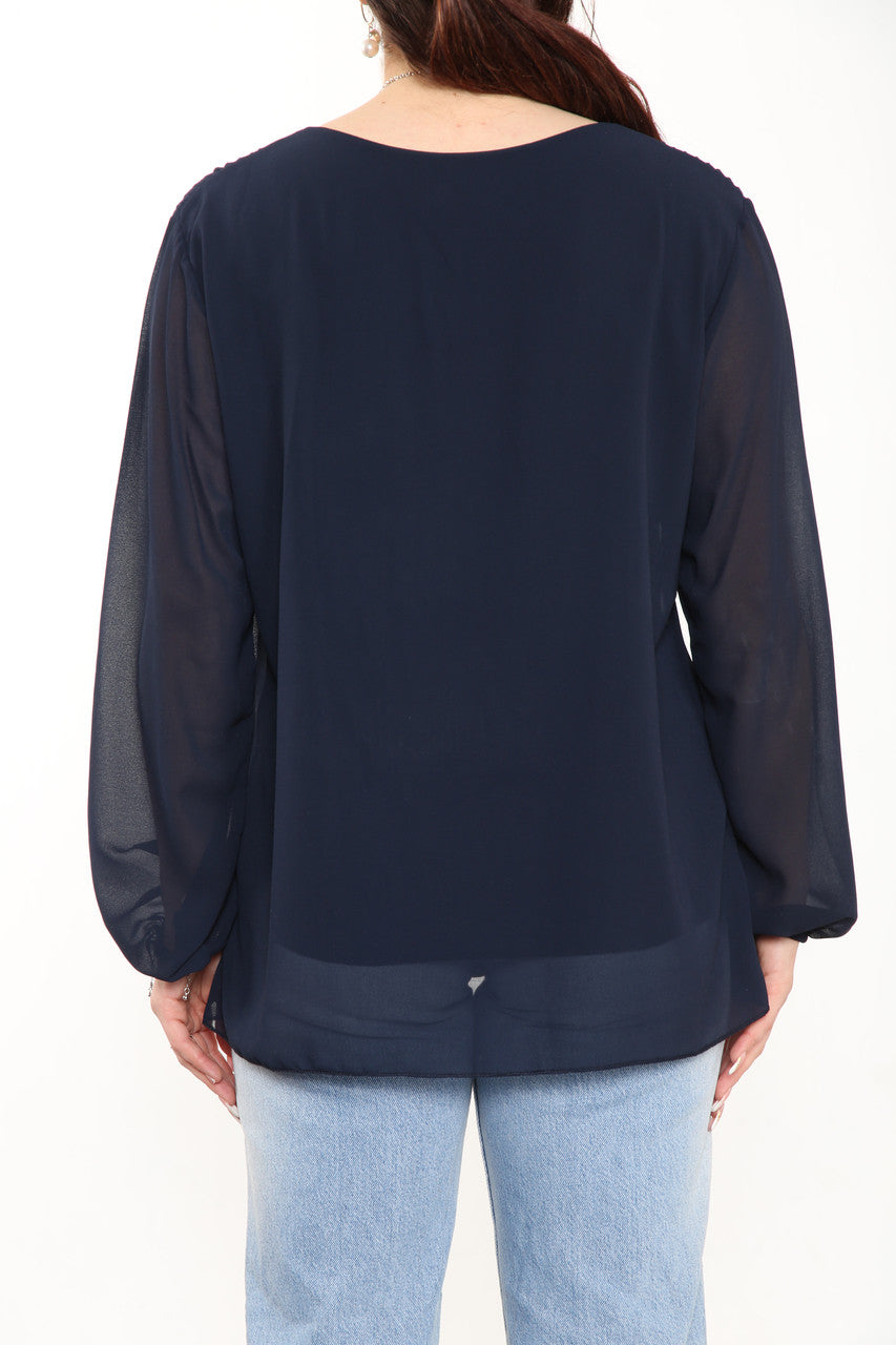 Ladies Plain Pleated Blouse Top Navy