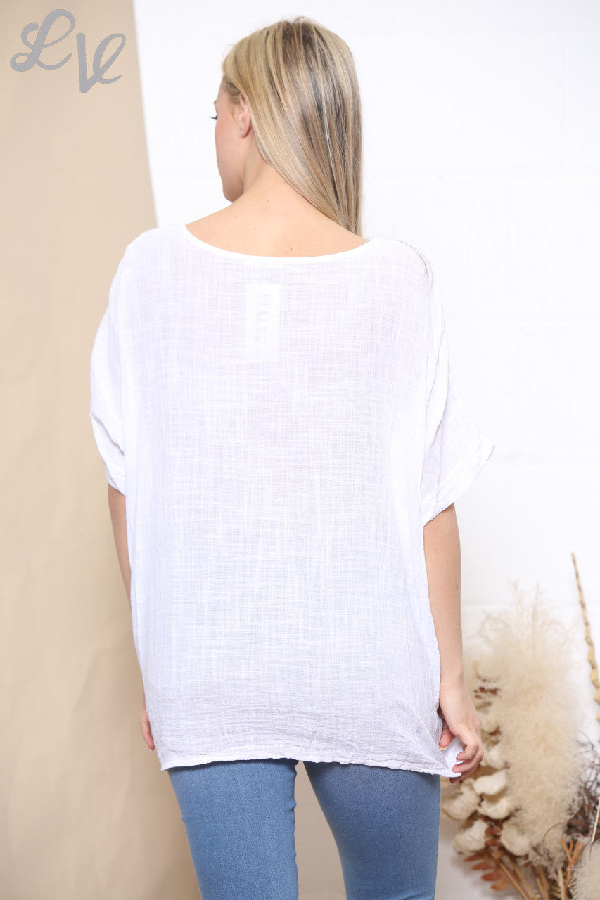 Ladies Embroidered Flower Short Sleeved Top White