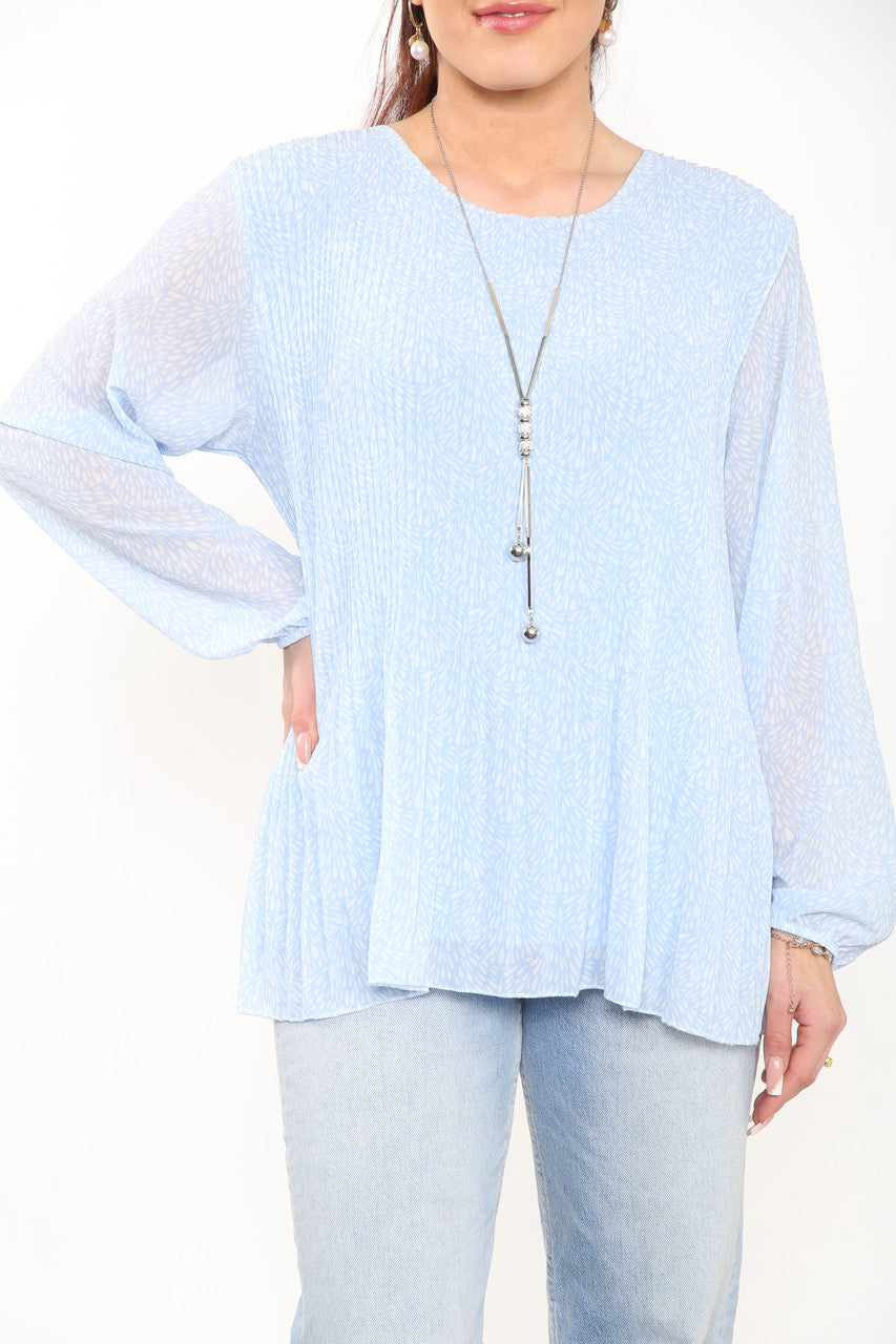 Ladies Ditsy Fleck Print Pleated Blouse Top Light Blue
